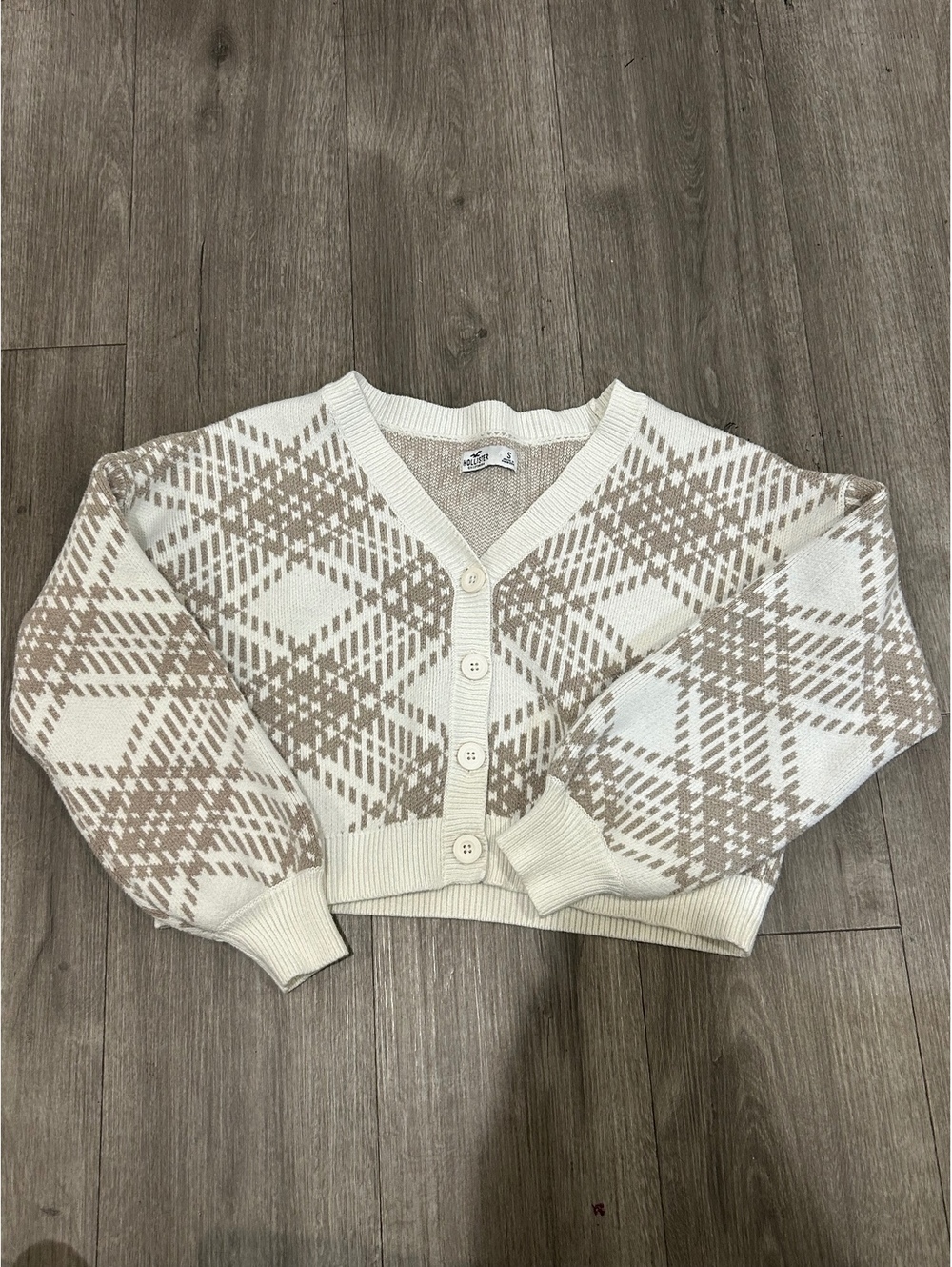 Y2K Hollister Cream & Taupe Fair Isle Knit Cardigan Size Small